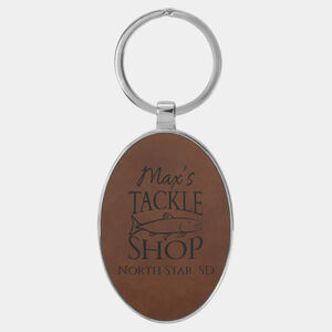Personalized 3" x 1 3/4" Laserable Leatherette/Metal Dark Brown Oval Keychain Thumbnail
