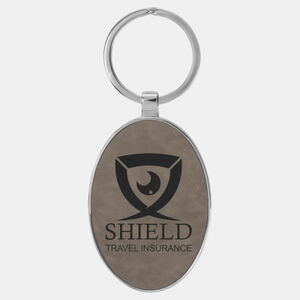 Personalized 3" x 1 3/4" Laserable Leatherette/Metal Gray Oval Keychain Thumbnail