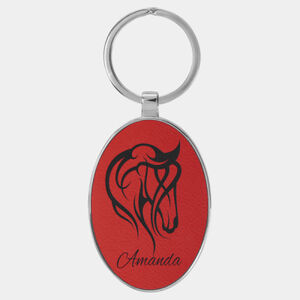 Personalized 3" x 1 3/4" Laserable Leatherette/Metal Red Oval Keychain Thumbnail