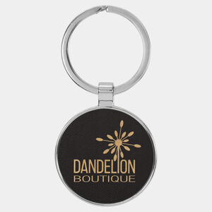 Personalized 1 1/2" Laserable Leatherette/Metal Black/Gold Round Keychain Thumbnail