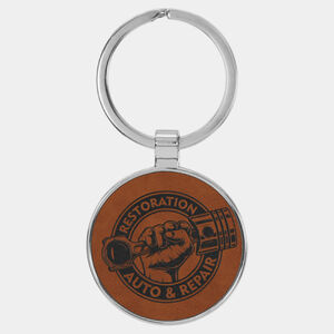 Personalized 1 1/2" Laserable Leatherette/Metal Rawhide Round Keychain Thumbnail