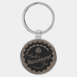 Personalized 1 1/2" Laserable Leatherette/Metal Gray Round Keychain Thumbnail