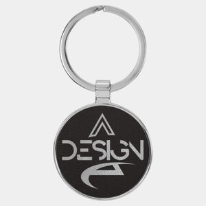 Personalized 1 1/2" Laserable Leatherette/Metal Black/Silver Round Keychain Thumbnail