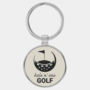 Personalized 1 1/2" Laserable Leatherette/Metal White Round Keychain Thumbnail