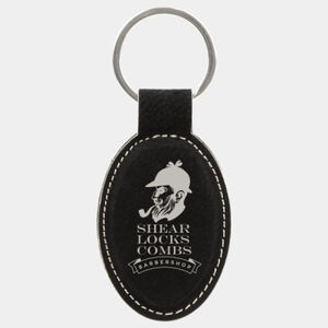 Personalized 3" x 1 3/4" Black/Silver Laserable Leatherette Oval Keychain Thumbnail