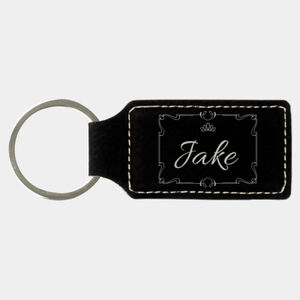 Personalized 2 3/4" x 1 1/4" Black/Silver Laserable Leatherette Rectangle Keychain Thumbnail