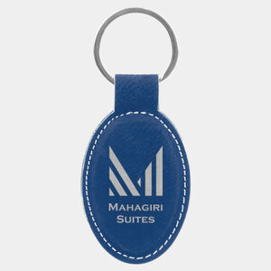 Personalized 3" x 1 3/4" Blue/Silver Laserable Leatherette Oval Keychain Thumbnail