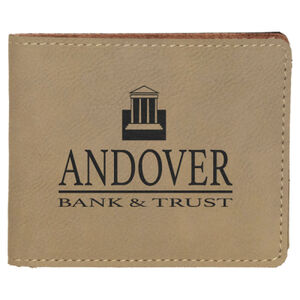 Personalized 4 1/2" x 3 1/2" Light Brown Laserable Leatherette Bifold Wallet Thumbnail