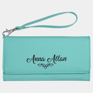 Personalized 7 1/2" x 4" Teal Laserable Leatherette Wallet with Strap Thumbnail