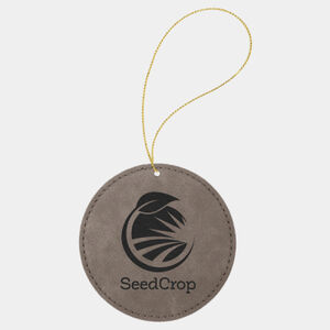 Personalized Gray Laserable Leatherette Round Ornament with Gold String Thumbnail