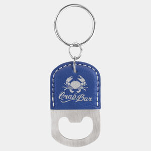 Oval Blue/Silver Laserable Leatherette Bottle Opener Keychain Thumbnail